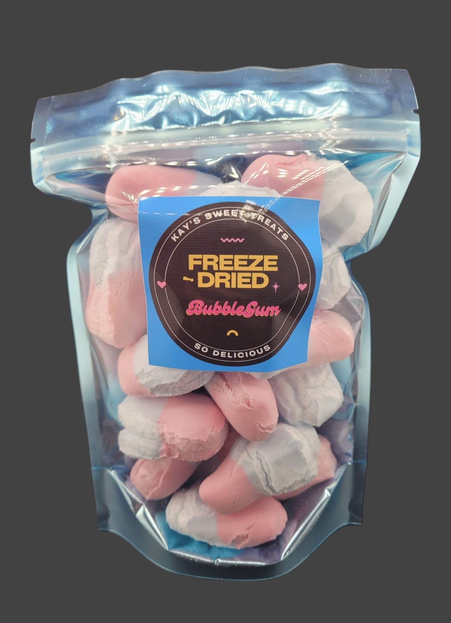 BubbleGum Crunch freeze dried candy with bubble gum flavor in resealable bag.