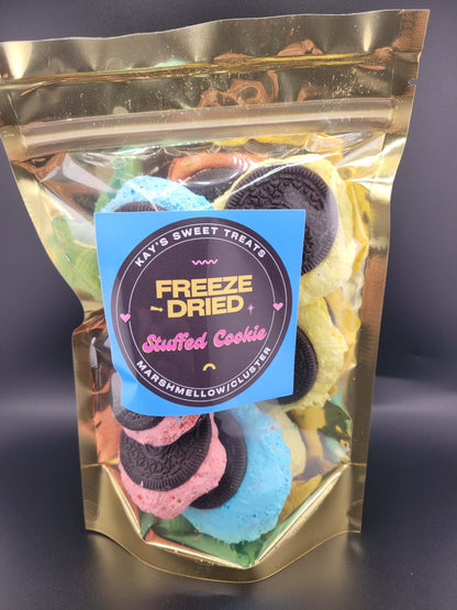 Colorful stuffed cookies with marshmallow clusters in a resealable bag.