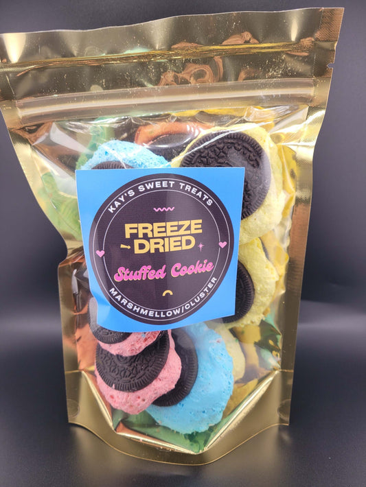 Colorful stuffed cookies with marshmallow clusters in a resealable bag.