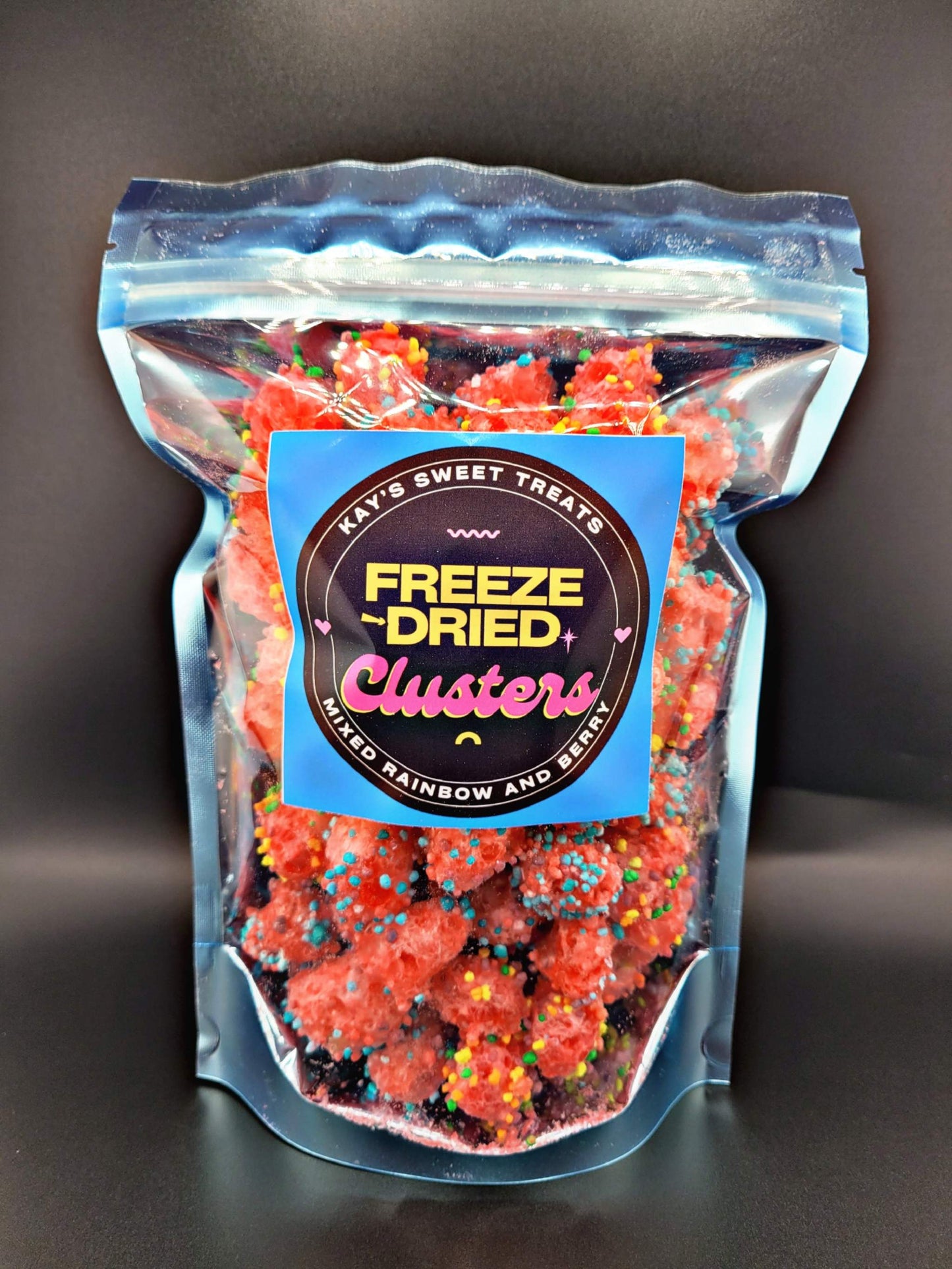 Freeze-dried clusters snack in resealable bag with natural flavors and nutrients.