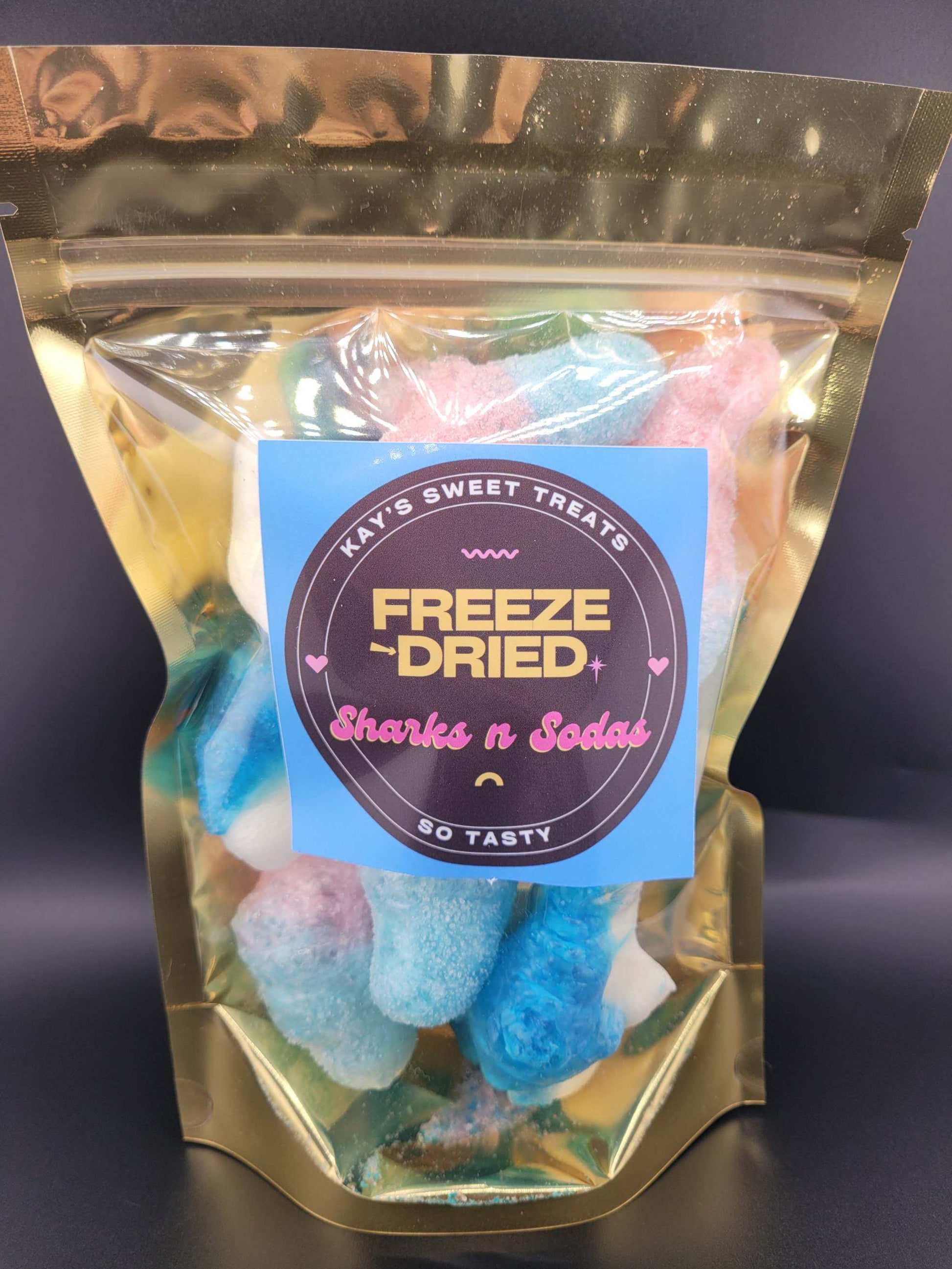 Freeze-dried Sharks and Sodas candy in packaging.